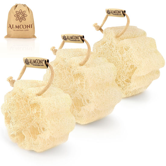 Picture of Almooni Mini Natural Loofah Sponge - Real Egyptian Shower Exfoliating Loofah - Small Loofah Scrubber for The Perfect Grip - 3 Count(1 Pack)