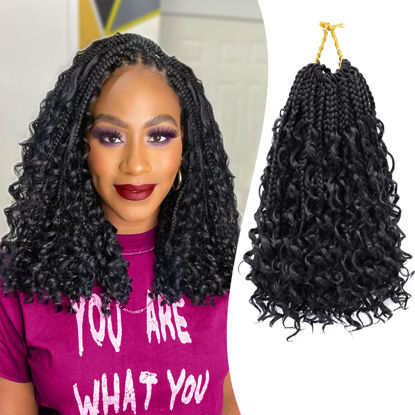 Picture of 8 Packs Goddess Box Braids Crochet Hair 10 Inch Pre-looped Bohemian Crochet Boho Box Braids With Curly Ends 3X Crochet Braids Hair for Women Synthetic Braiding Hair (10 inch, #1B)