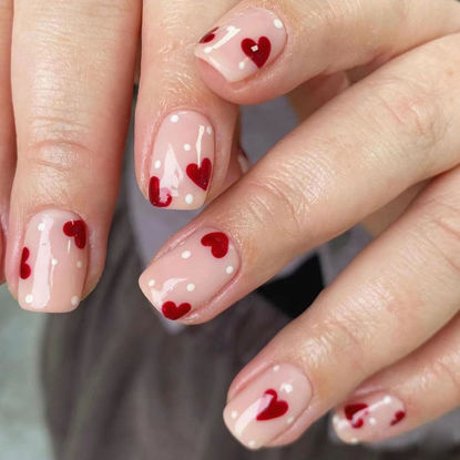 Picture of Valentine'S Day Press on Nails Short Square Fake Nails with Heart Designs Valentines Day Short Nails Press ons for Women Light Pink Full Cover Acrylic Glue on Nails 24 Pcs