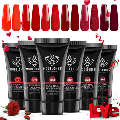 Picture of modelones Poly Nail Gel Set, 6 Colors Popular Red Collection Bright Wine Burgandy Glitter Poly Extension Gel Dark Bloody Red Builder Gel for Starter Home DIY Manicure Nail Art Gift
