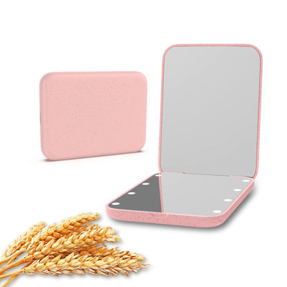 Picture of Kintion Wheat Straw Pocket Mirror, 1X/3X Magnification Travel Mirror for Purse, Lighted Plastic Fiber Mirror, Folding Handheld Mirror, Small Lighted Compact Mirror for Gift, Pink