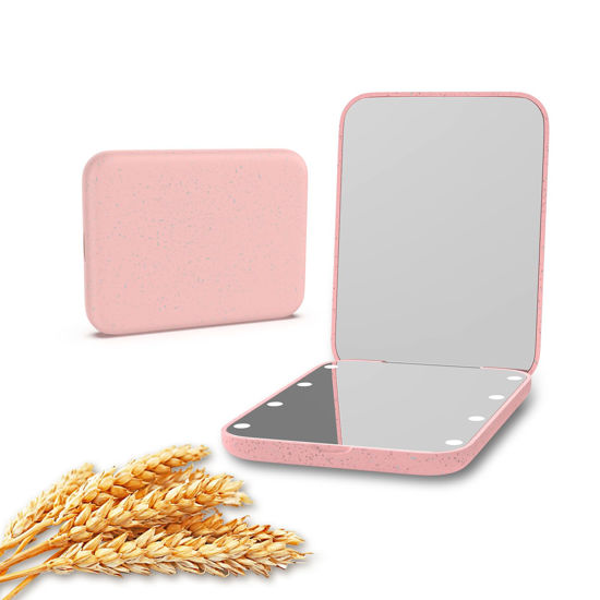 Picture of Kintion Wheat Straw Pocket Mirror, 1X/3X Magnification Travel Mirror for Purse, Lighted Plastic Fiber Mirror, Folding Handheld Mirror, Small Lighted Compact Mirror for Gift, Pink