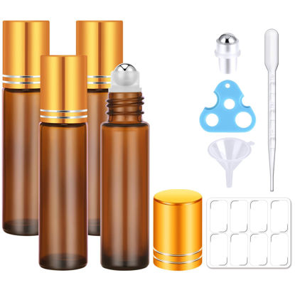 Picture of 4 Pack, Essential Oil Roller Bottles, Amber Glass Roller Balls for Essential Oils, 10ml Empty Rollerball Bottles for Travel Refillable Roll on Perfume Bottles with Caps