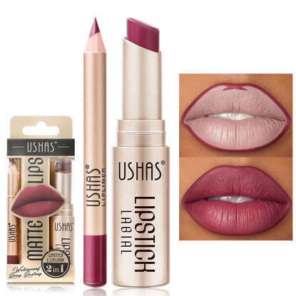 Picture of USHAS Lipstick and Lip Liner Combo Set 2 in 1 Waterproof Lipstick for Women Lip liner Set Long Lasting Lipstick, Matte Lipstick Pen with Lip Liner Set Makeup Kits (G2, Pack of 1)