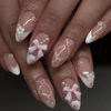 Picture of LPOODDNU Medium Almond Press on Nails White French Tips Pink Fake Nails with 3D Flower Bow Charms Acrylic Nails Press ons Cute Design Glue on False Nails Reusable Stick on Nails 24pcs