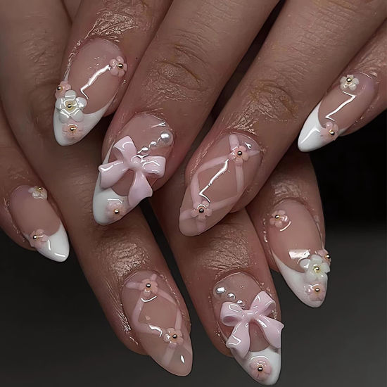 Picture of LPOODDNU Medium Almond Press on Nails White French Tips Pink Fake Nails with 3D Flower Bow Charms Acrylic Nails Press ons Cute Design Glue on False Nails Reusable Stick on Nails 24pcs