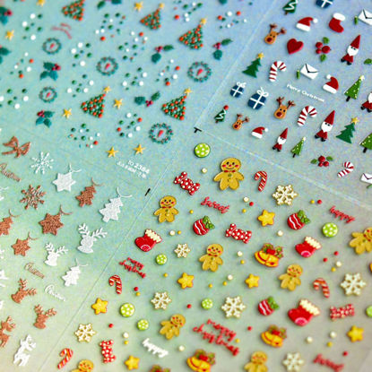Picture of Christmas Nail Art Stickers Decals 5D Embossed Cute Christmas Nail Decals 3PCS Xmas Tree Gingerbread Man Santa Design Christmas Nails Adhesive Stickers Manicure Supplies for Xmas Nail Art Decorations