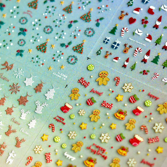 Picture of Christmas Nail Art Stickers Decals 5D Embossed Cute Christmas Nail Decals 3PCS Xmas Tree Gingerbread Man Santa Design Christmas Nails Adhesive Stickers Manicure Supplies for Xmas Nail Art Decorations