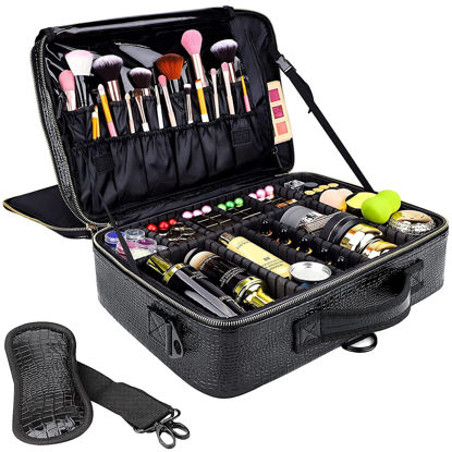 Picture of gzcz Large Makeup Train Case Professional 16" Travel Makeup Cosmetic Bag Organizer Portable PU Leather Makeup Storage Case Artist Box with Adiustable Dividers & Strap (L-Crocodile Pattern)