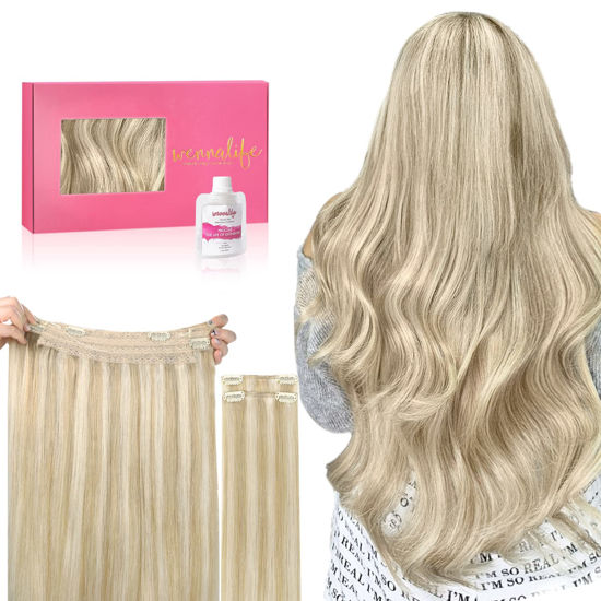 Picture of WENNALIFE Wire Hair Extensions (Increase 50% Lifespan) Real Human Hair 14 inch 105g Dirty Blonde Highlighted Bleach Blonde Remy Real Hair Extensions Invisible Wire Hair Extensions Human Hair Fish Line