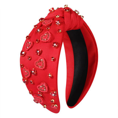 Picture of boderier Valentines Day Headband Red Pink Heart Headband Jeweled Crystal Knotted Headband Valentines Lover Party Hair Accessory (Red-Beaded Rhinestone Heart)