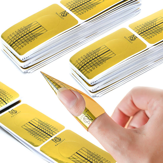 Picture of Nailskey Nail Forms for Gel Builder - 100 Pcs Self Adhesive Nail Extension Stickers for Acrylic, UV & Poly Gel with Tip Sculpting Guide - Nail Art for Home & Salon (Pack of 100)