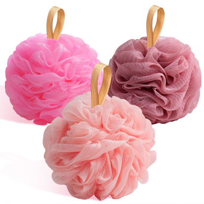 Picture of Fishent Bath Loofah Sponge, 3 Pack loofahs Exfoliating Body Scrubber, 60g Soft Mesh Pouf Shower Puffs, Loofa for Women (Pink-Peach-Coral)