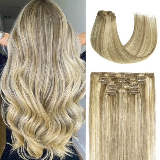 Picture of Honsoo Blonde Hair Extensions Clip In Balayage Hair Extensions Real Human Hair Mixed Bleach Blonde 15inch 70g 7pcs Real Human Hair Straight Silky Blonde For Women Natural Hair