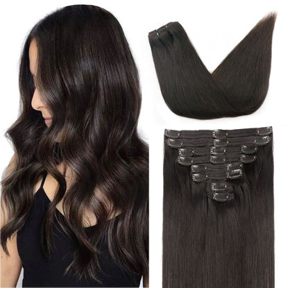 Picture of Pobokix Straight Clip In Hair Extensions Real Human Hair 8Pcs Clip In Dark Brown Human Hair Extensions with 18Clips Lace Weft 120g 18inch #2 Dark Brown