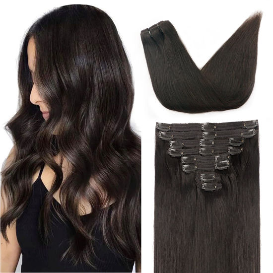 Picture of Pobokix Straight Clip In Hair Extensions Real Human Hair 8Pcs Clip In Dark Brown Human Hair Extensions with 18Clips Lace Weft 120g 18inch #2 Dark Brown