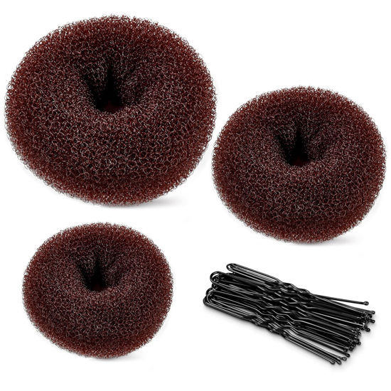 Picture of TsMADDTs Donut Hair Bun Maker, 3PCS Dark Brown Ring Style Bun Maker with 20PCS U Shaped Hair Pins for Women Dance