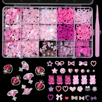 Picture of 3D Pink Color Assorted Pearls Gems Nail Charms Heart Butterfly Bow Bear Nail Charms Star Bows Pearls Planet Nail Charms for Manicure DIY Crafts Jewel Accessories for Women Valentines Day Nail Charms