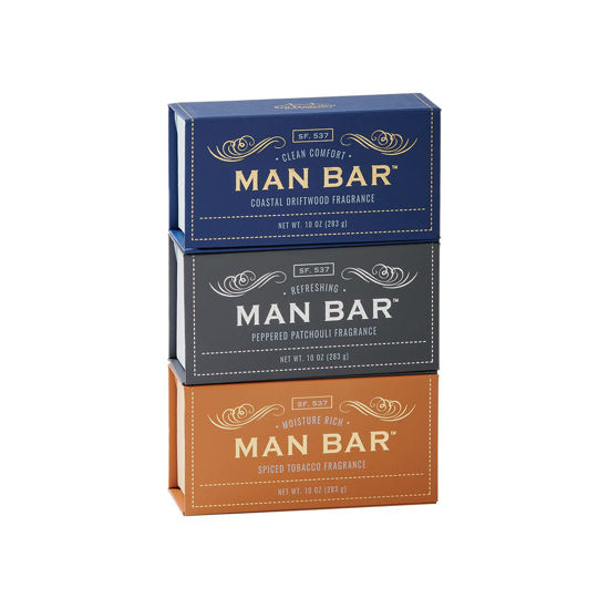 Picture of San Francisco Soap Company Man Bar 3-Piece Gift Set featuring all new scents: Coastal Driftwood, Peppered Patchouli, and Spiced Tobacco - GREAT GIFT - No Harmful Chemicals - Good for All Skin Types