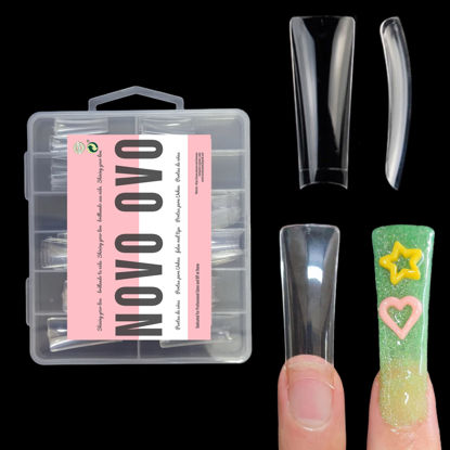 Picture of NOVO OVO XXL Long Duck Feet Nail Tips Half Cover for Acrylic, Clear C Curve XXXL Extra Super Long Flare Y2K Wide French Soft Gel False Nail Extension x 11 Sizes in Box 110 pcs