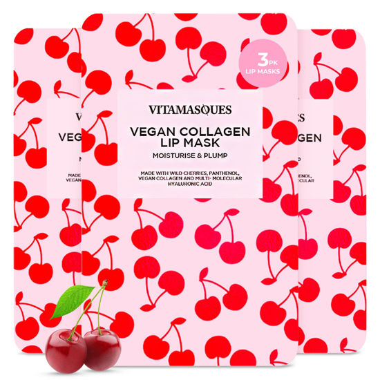 Picture of Vitamasques Lip Mask, 3-Pack - Cherry Vegan Collagen Lip Mask Sheets, Repair for Dry & Chapped Lips - Nourishing & Hydrating - Wild Cherries & Hyaluronic Acid - Vegan & Cruelty-Free