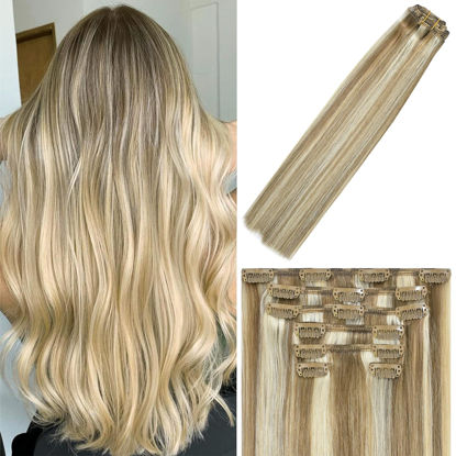 Picture of WindTouch Clip in Hair Extensions Human Hair Balayage Mixed Bleach Blonde 15Inch 70g Highlights for Blonde Remy Hair 7PCS #18P613 Gift for Women