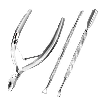 Picture of Cuticle Trimmer with Cuticle Pusher and Scissors, Cuticle Remover Professional Durable Pedicure Manicure Tools, Stainless Steel Cuticle Nipper Cutter Clipper for Fingernails and Toenails (Silver)