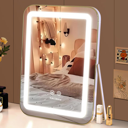 Picture of halumao Vanity Mirror with Lights, 14.6" Light Up Makeup Mirror, LED Makeup Mirror with Lights for Bedroom Tabletop, Smart Touch Control 3 Colors Dimmable, 360° Rotation