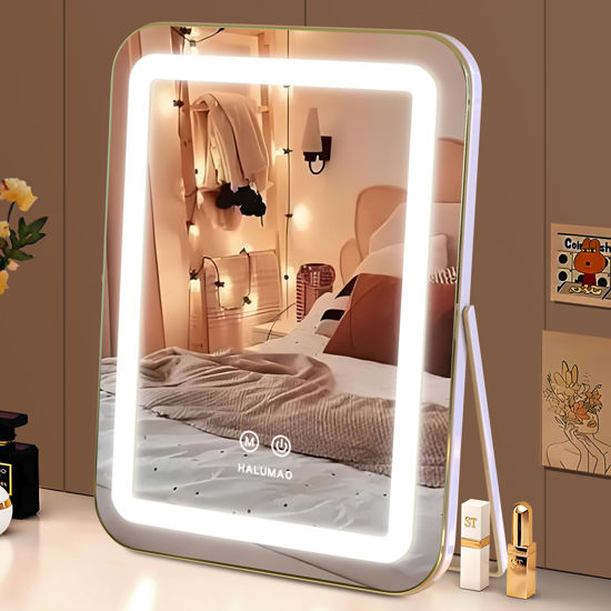 Picture of halumao Vanity Mirror with Lights, 14.6" Light Up Makeup Mirror, LED Makeup Mirror with Lights for Bedroom Tabletop, Smart Touch Control 3 Colors Dimmable, 360° Rotation