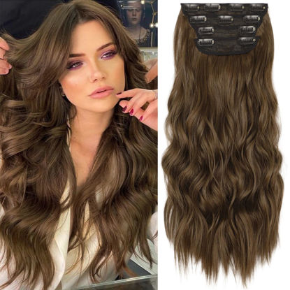 Picture of KooKaStyle Clip in Synthetic Hair Extensions Long Wavy 4PCS Thick Hairpieces Chestnut Brown Fiber Double Weft Natural Hair Extensions 20 Inch for Women