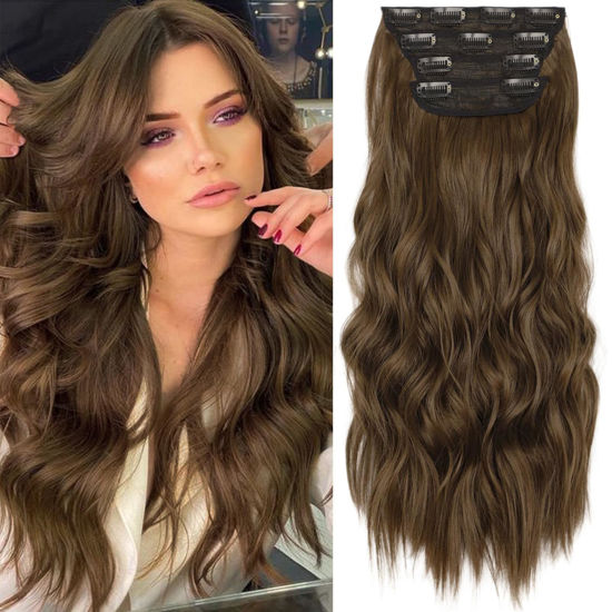 Picture of KooKaStyle Clip in Synthetic Hair Extensions Long Wavy 4PCS Thick Hairpieces Chestnut Brown Fiber Double Weft Natural Hair Extensions 20 Inch for Women