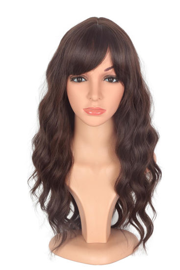 Picture of SYMEIW Medium Long Brown Wavy Wigs For Women Synthetic Full Hair Wigs With Bangs For Daily Use (brown)