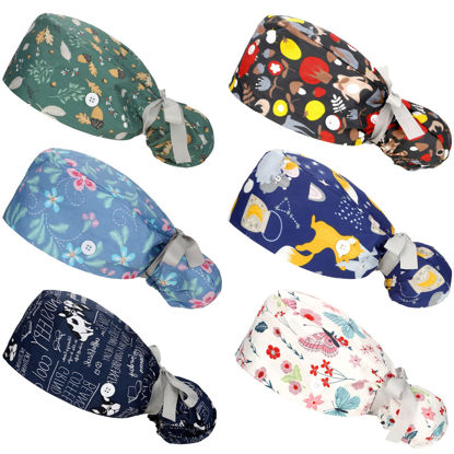 Picture of Honoson 6 Pcs Scrub Caps Women Nursing Hats with Buttons Adjustable Bouffant Nurse Ponytail Holder Turban (Cute Patterns)