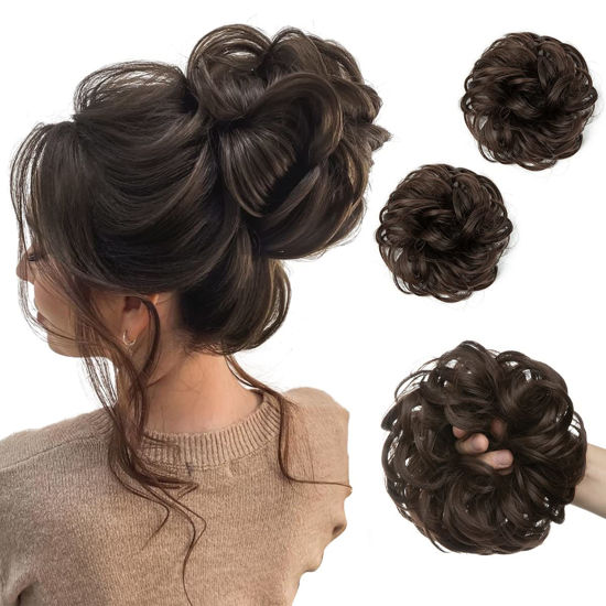 Picture of SARLA 2PCS Messy Hair Bun Hair Pieces Wavy Curly Synthetic Updo Fake Scrunchies Ponytail Extension for Women Dark Brown