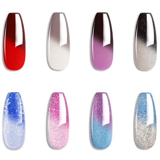 Picture of Omainy Gel Nail Polish Set -Color Changing Gel Nail Polish Set Red Grey Black Purple Blue Pink Red Lavender Blue Color Changing Gel Polish Soak Off UV LED Thermal Temperature Art (8PCS002)