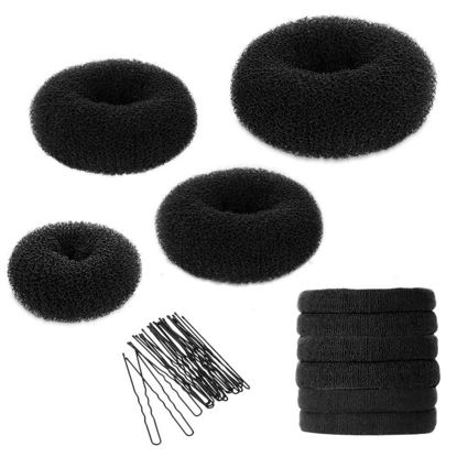 Picture of YaFex Bun Maker Kit - Donut Hair Accessory Set with Large, Medium, Small Sizes, Elastic Ties, and Black Bobby Pins