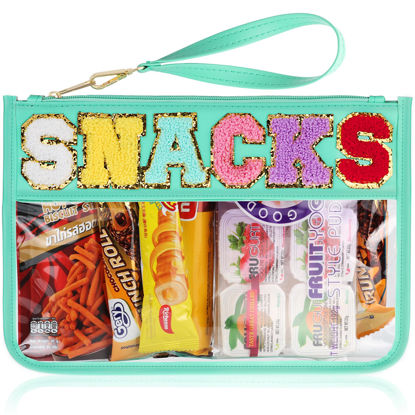 Picture of TESAFNG Snack Bag for Travel - Clear Chenille Varsity Letter Flat Pouch with Zipper, Waterproof Clear PVC&PU Preppy Patch Makeup Cosmetic tote Bags for Women (Green-Snacks)