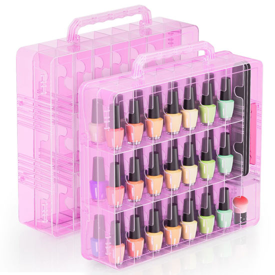 Picture of Nail Polish Organizer Pack of 2, Portable 48 Bottles Clear Nail Polish Holder with Adjustable Divider, Gel Nail Polish Storage Double Side Nail Polish Organizer Case for Nail Tech Pink
