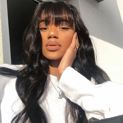 Picture of Amella Hair Body Wave Wigs With Bangs Virgin Brazilian None Lace Front Wigs Human Hair Wigs 150% Density Glueless Machine Made Wigs For Women (12 inch)
