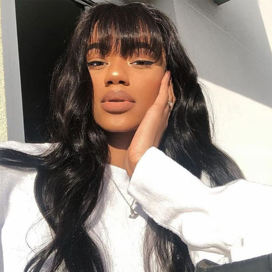 Picture of Amella Hair Body Wave Wigs With Bangs Virgin Brazilian None Lace Front Wigs Human Hair Wigs 150% Density Glueless Machine Made Wigs For Women (12 inch)