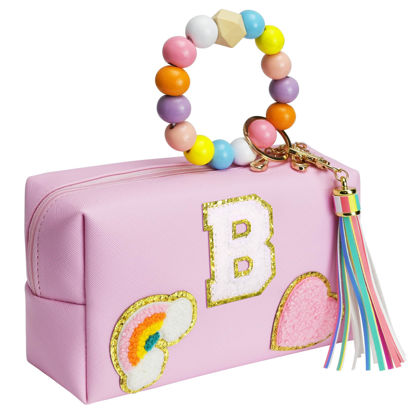 Picture of Elilier Christmas Gift - Makeup Bag Girls, Chenille Letter Pouch Cosmetic Bag, PU Leather Waterproof Toiletry Bag, Personalized Birthday Gift for Women Girl, Cute Preppy Stuff for Girls (Small)