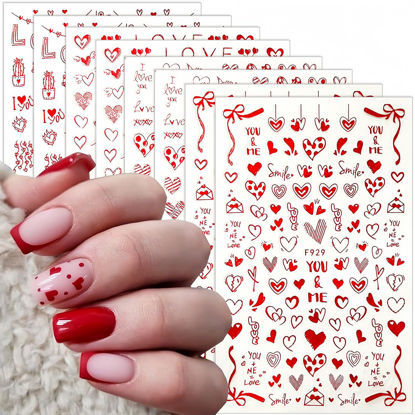 Picture of 8 Sheets Heart Nail Art Stickers Love Hearts Nail Decals 3D Self-Adhesive Red Love Heart Designs Stickers Charms Supplies Valentine's Day Acrylic Nails DIY Manicure Decoration Kit for Women and Girls
