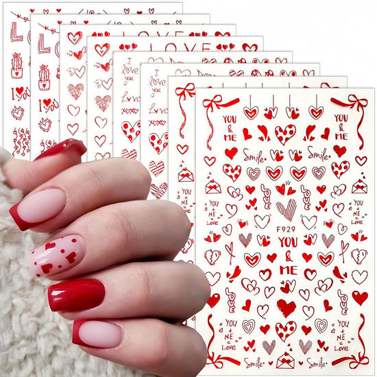 Picture of 8 Sheets Heart Nail Art Stickers Love Hearts Nail Decals 3D Self-Adhesive Red Love Heart Designs Stickers Charms Supplies Valentine's Day Acrylic Nails DIY Manicure Decoration Kit for Women and Girls