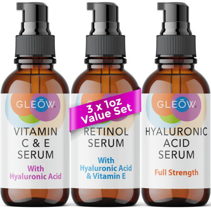 Picture of GLEOW Retinol Serum for Face, Vitamin C with Hyaluronic Acid Face Serum for Women and Men, Glow Skin Care Set Targets Appearance of Uneven Skin Tone and Dryness 3x1oz