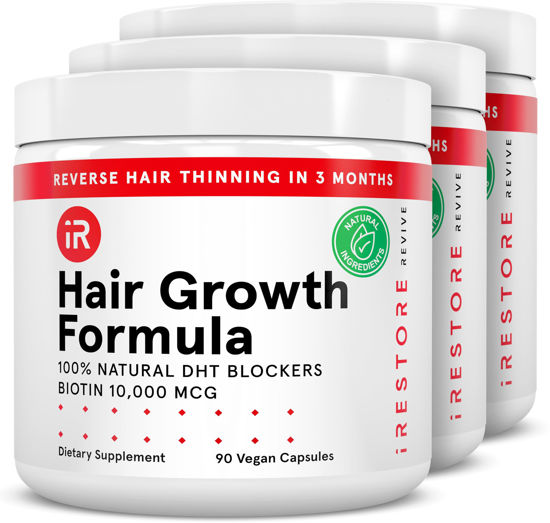 Picture of iRestore Hair Growth Supplement - Natural DHT Blockers & Multivitamin Blend - Vegan, Non-GMO, 90 Capsules - Supports Thicker, Stronger Hair for Men and Women - 3-Pack
