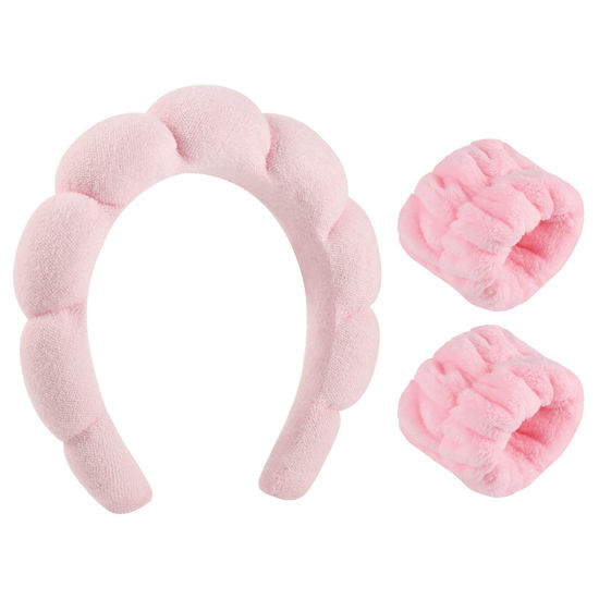 Picture of Sponge Spa Headband for Women, Makeup Headband and Wrist Washband Set Pink Skincare Headband for Face Washing,Teen Girl Pink Gifts Valentine's Day Trendy Stuff