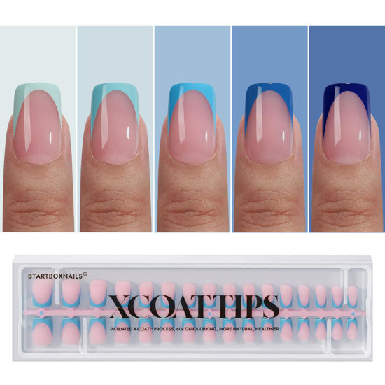 Picture of BTArtboxnails XCOATTIPS French Tip Press On Nails - Blue Press On Nails Short, Square Fake Nail Tips, 160Pcs Soak Off Soft Gel Acrylic Nail Extension in 16 Sizes