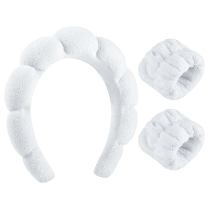 Picture of WSICSE Spa Headband for Washing Face, Sponge Skincare Headband and Wrist Washband Set White Makeup Headband for Skincare, Shower for Women Christmas Gifts