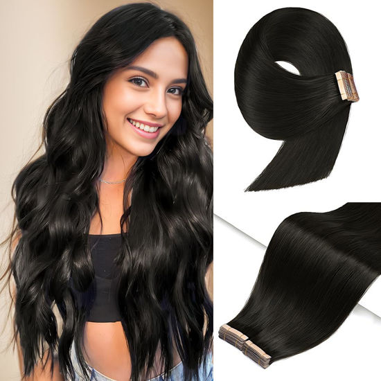 Picture of Tape in Hair Extensions Human Hair, 14 Inch Human Hair Tape in Extensions 20Pcs Natural Black Tape Ins Human Hair Extensions for Women Seamless Tape in Hair Extensions Real Human Hair (1B#, 14 Inch)