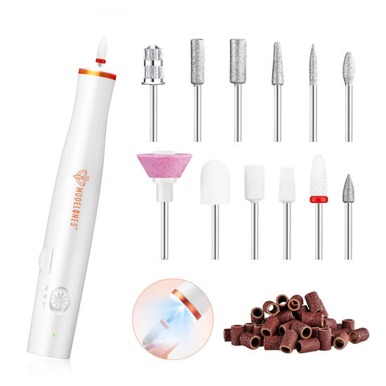 Picture of Modelones Electric Nail File, 14 Pcs Cordless Nail Drill with LED Light for Acrylic Gel Dip Powder Nails, Professional Nail Drill Kit with Nail Drill Bits & Sanding Bands for Quick Manicure Pedicure